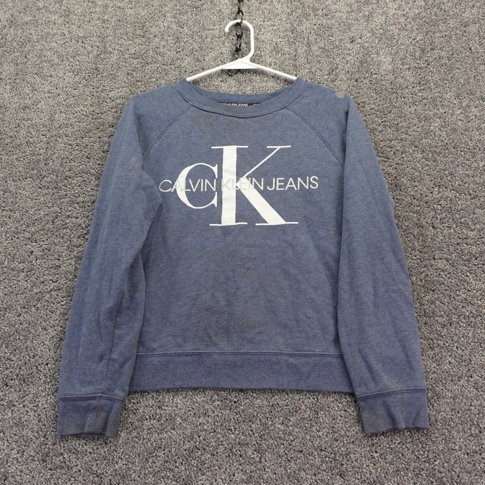 Calvin Klein Jeans Sweatshirt Womens Medium Blue Logo Graphic Raglan Pullover
